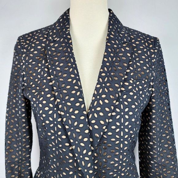 Michael Kors Made In Italy Black Caramel Cotton Silk Embroidered Cutout Blazer 6 - Picture 4 of 15